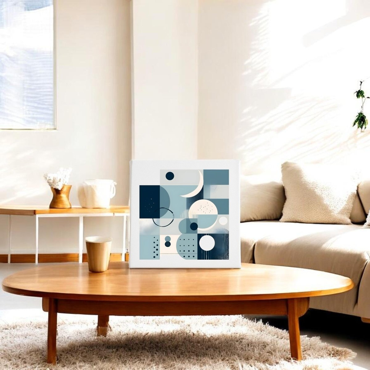 A modern living room features a light sofa, wooden coffee table, and side table. The Moonlit Geometry Mid Century Modern Canvas by Mirabilia Boutique in blue and beige tones is displayed, filling the space with sunlight and cozy charm.