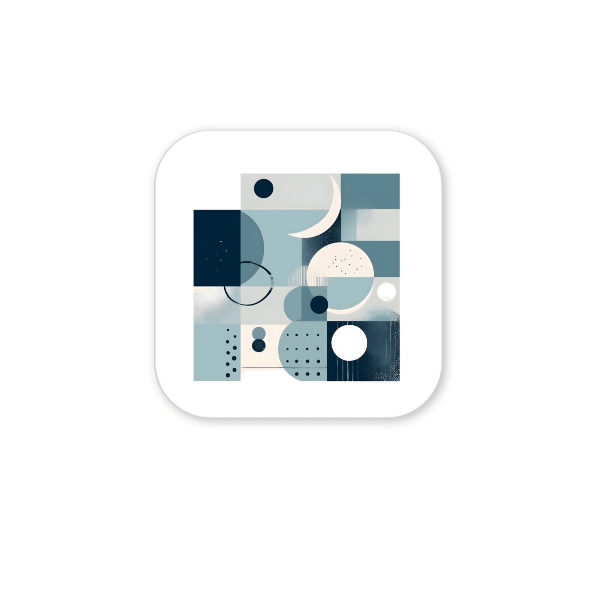Add mid century flair to your fridge with the Moonlit Geometry Mid Century Modern Magnet by Mirabilia Boutique, featuring abstract blue, gray, and white shapes with dotted textures on a rounded white square.