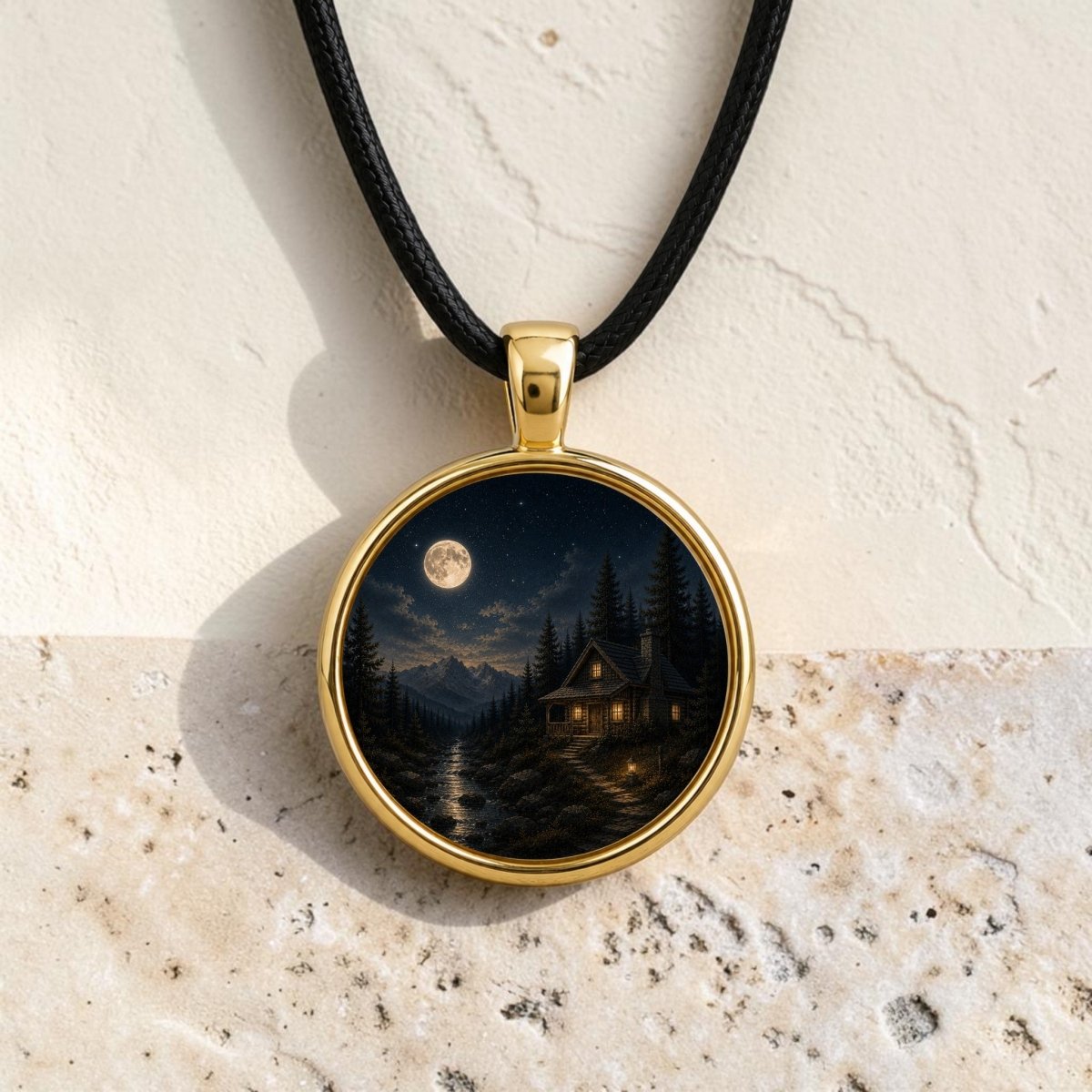 The Moonlit Haven | Story Pendant Necklace by Mirabilia Boutique features a gold pendant adorned with a circular charm depicting a serene night scene—a woodland cabin nestled among mountains and pine trees, bathed in the glow of a full moon. Resting on a textured surface, this enchanting piece of wearable art lets you carry the tranquil beauty of nature wherever you go.