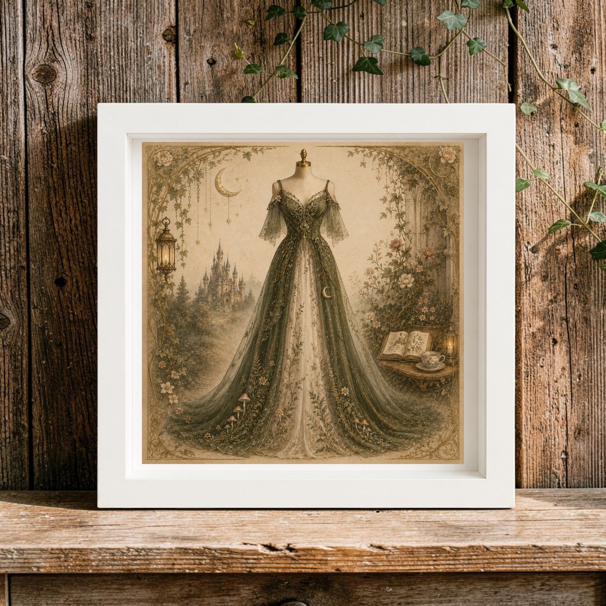Presenting “Moonlit Sanctuary | Curated Couture Artwork” by Mirabilia Boutique—a framed canvas showcasing an ornate, vintage-style dress on a mannequin, gracefully surrounded by flowers, an open book, a lantern, and a crescent moon. Set against a rustic wooden backdrop adorned with ivy, this couture artwork is part of the whimsical Moon & Moss collection.