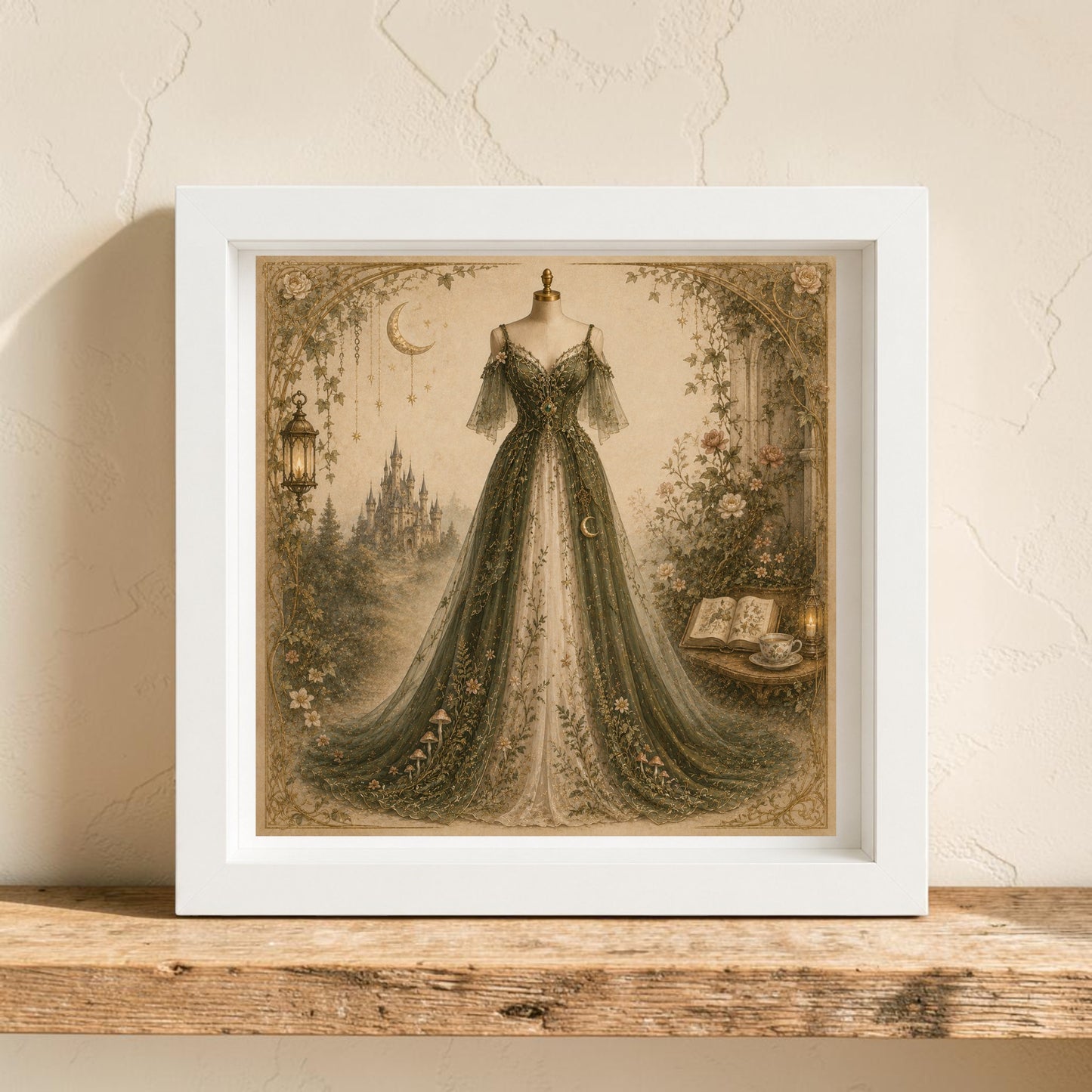 Display the Moonlit Sanctuary | Curated Couture Artwork by Mirabilia Boutique: a framed canvas depicting an ornate vintage gown on a mannequin, surrounded by flowers, an open book, and a lantern. A dreamy castle and crescent moon glow in the background as the artwork is showcased on a wooden shelf. This elegant piece is part of the enchanting Moon & Moss collection.