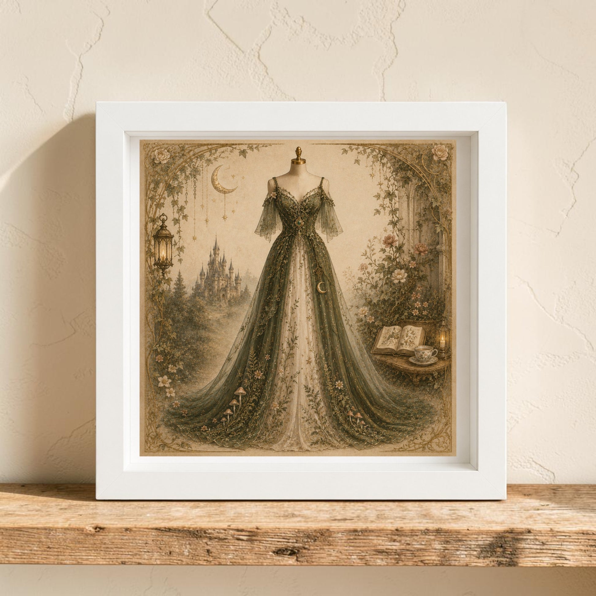 Display the Moonlit Sanctuary | Curated Couture Artwork by Mirabilia Boutique: a framed canvas depicting an ornate vintage gown on a mannequin, surrounded by flowers, an open book, and a lantern. A dreamy castle and crescent moon glow in the background as the artwork is showcased on a wooden shelf. This elegant piece is part of the enchanting Moon & Moss collection.