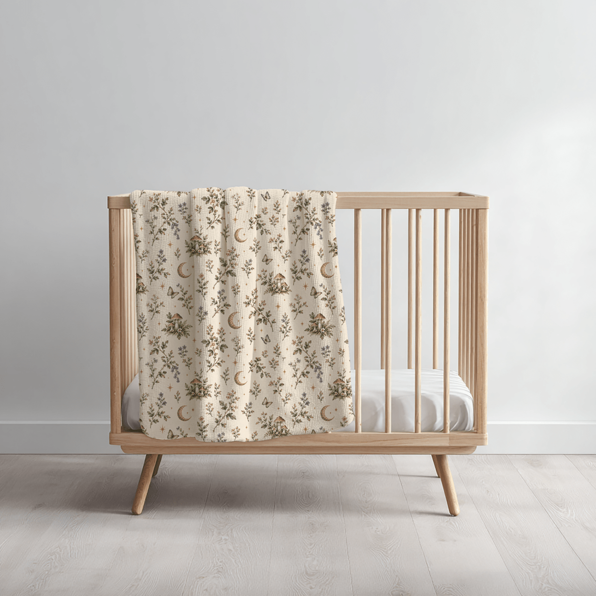 A wooden baby crib with a white mattress stands on a light wood floor. A cream-colored “Moonlit Sprigs Swaddle Blanket” by Moon & Moss Nursery from Mirabilia Boutique, featuring a floral and moon pattern, is draped over one rail. The background wall is plain white.