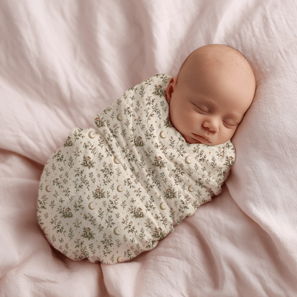 A newborn baby sleeps peacefully, swaddled in the Moonlit Sprigs Swaddle Blanket from Mirabilia Boutique’s Moon & Moss Nursery collection, featuring delicate floral and crescent moon patterns, and rests on soft, light pink bedding.