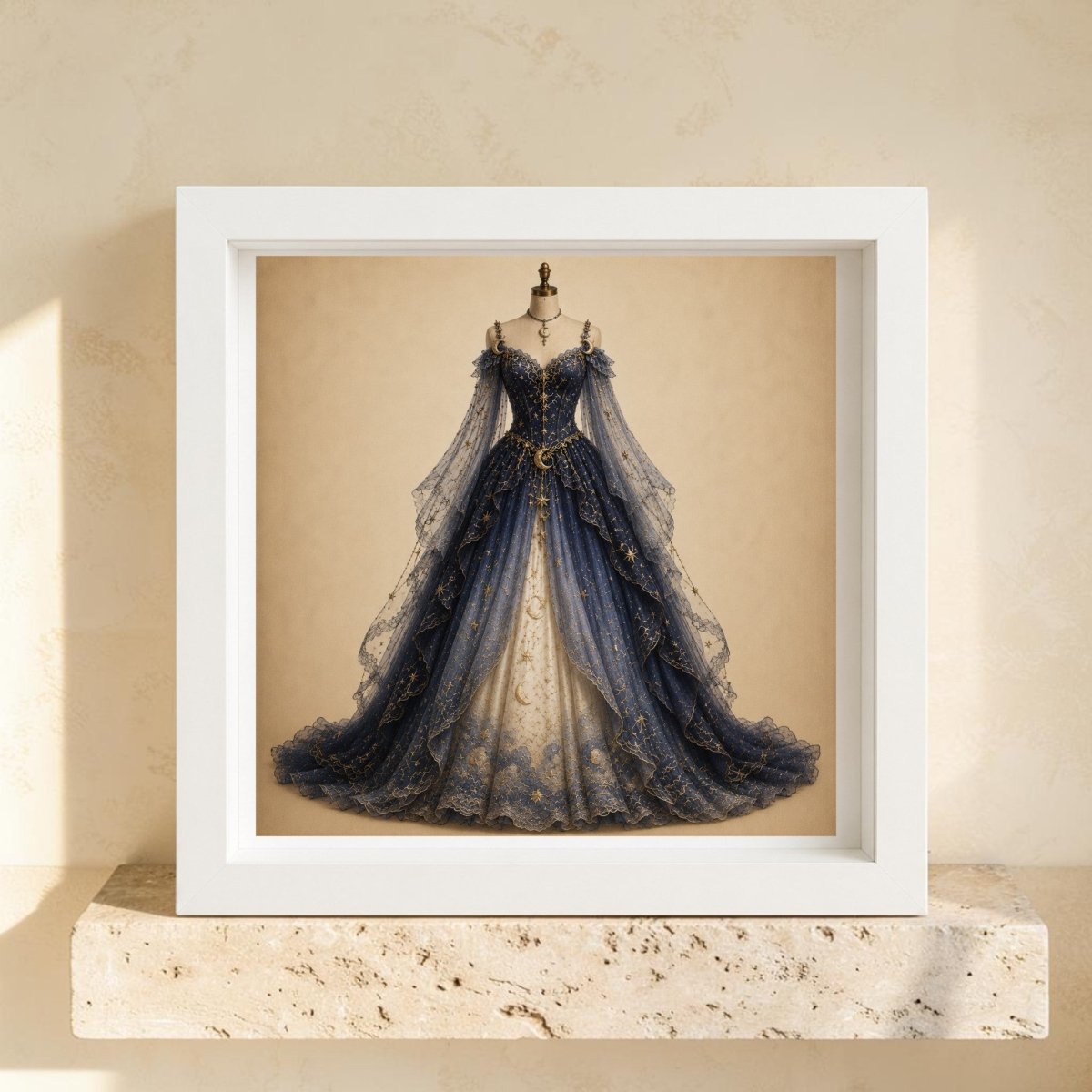 Introducing Moonlit Symphony | Curated Couture Artwork by Mirabilia Boutique—a premium framed photo featuring an ornate blue and gold gown with sheer, flowing layers, elegantly displayed on a dress form against a beige background and set atop a stone shelf. This collectible canvas art piece exquisitely captures the ethereal beauty of celestial couture, making it a stunning addition to your space.