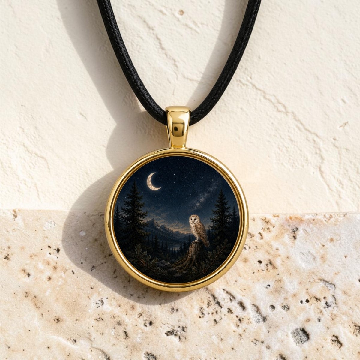 Gold pendant with a black cord, showcasing an enchanting illustration of a barn owl perched on a branch beneath a crescent moon and starry night sky, framed by pine trees. The Moonlit Watch Story Pendant Necklace | Owl Moon Jewelry by Mirabilia Boutique rests gracefully on a stone surface.