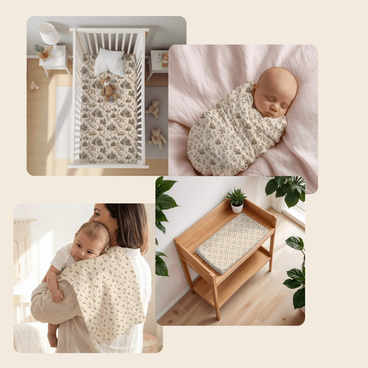 Four images—a crib dressed with printed bedding and a plush bear, a swaddled baby, a woman holding her baby with a printed burp cloth, and a wooden changing table topped with a geometric-patterned changing pad—all in gentle, neutral hues—elegantly highlight the Moonlit Woodland Nursery Bundle from Mirabilia Boutique’s Moon & Moss Nursery collection. This thoughtfully coordinated set is designed to bring an inviting sense of calm and charm to your little one’s nursery.