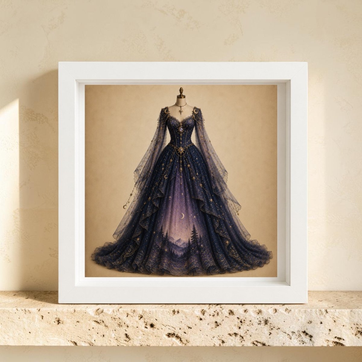Introducing Moonrise Over Pines | Curated Couture Artwork by Mirabilia Boutique: a framed collectible canvas featuring an elegant dark blue celestial gown adorned with gold accents and sheer sleeves, set against a mesmerizing night sky and forest landscape. This exceptional decorative piece showcases masterful artistry, beautifully displayed on a stone shelf.