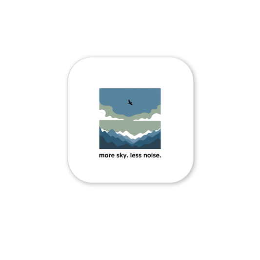 The More Sky Less Noise Nature Magnet by Mirabilia Boutique features a minimalist bird soaring over mountains and clouds, with "more sky. less noise."—a perfect decor piece or outdoor gift for nature lovers.