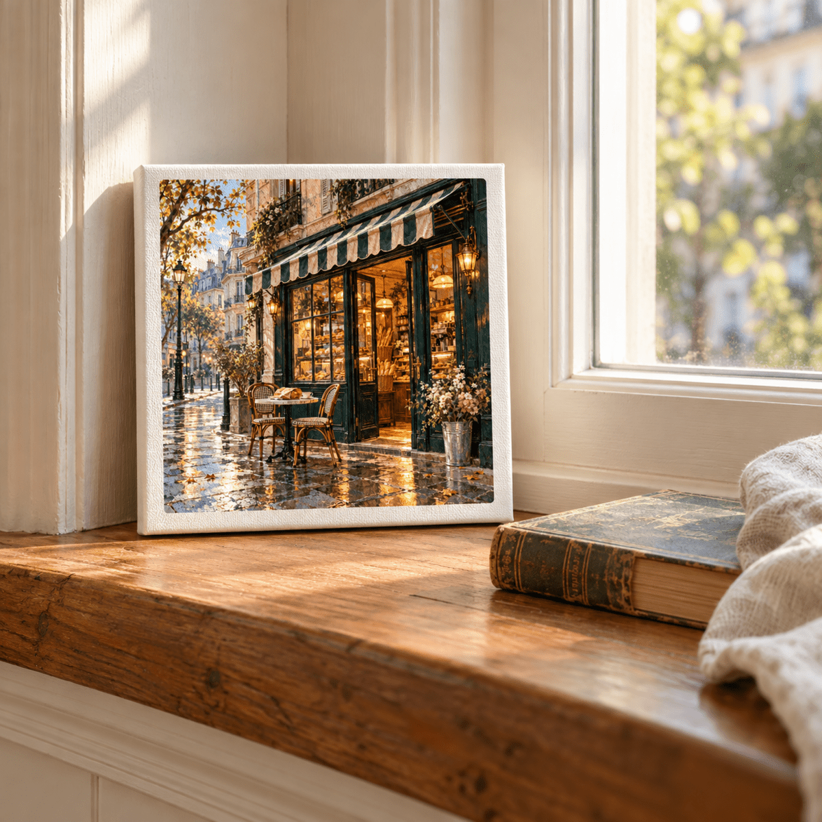 A square The City Before Nine Canvas | Paris Toujours gallery-wrapped art print of a street-side Parisian cafe, displayed on a wooden windowsill next to an old book.