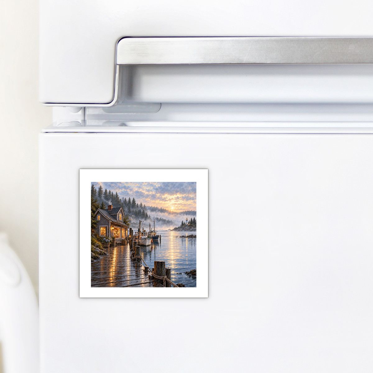 A Harbor Before Town Wakes Magnet by Mirabilia Boutique on a refrigerator, featuring a misty sunrise harbor illustration with a lit cabin on a wooden pier and boats docked in the water.