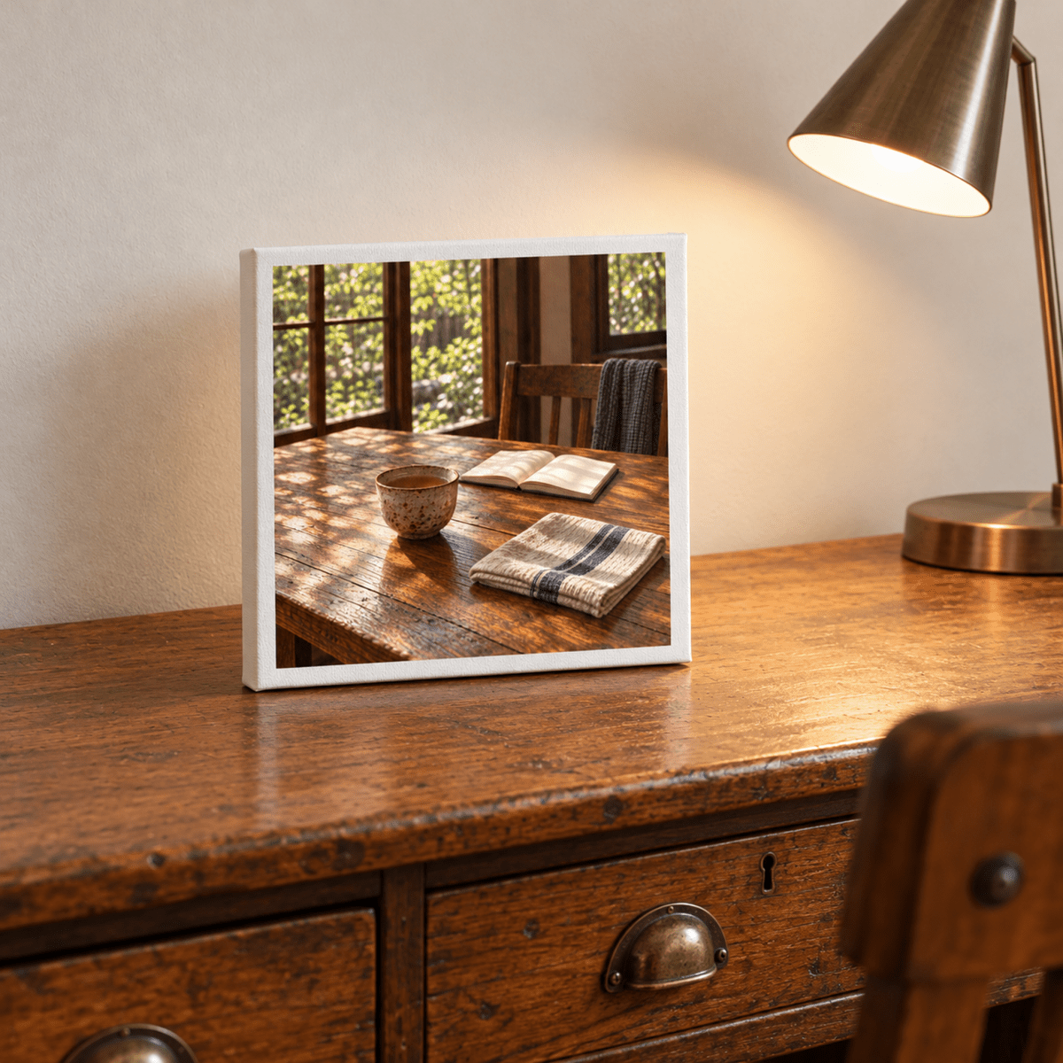 The Morning Table Canvas by Mirabilia Boutique sits on a wooden desk, depicting a square morning light painting of a tabletop with a mug, an open book, and a folded cloth in sunlight.