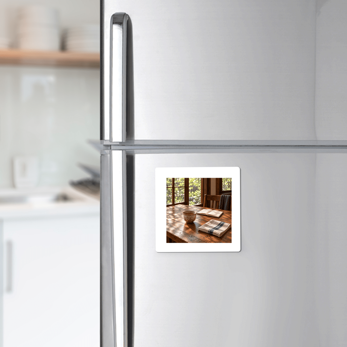 The Morning Table Decorative Magnet by Mirabilia Boutique is a square miniature art magnet on a stainless steel refrigerator featuring a photograph of a cup of coffee and an open book on a wooden table.