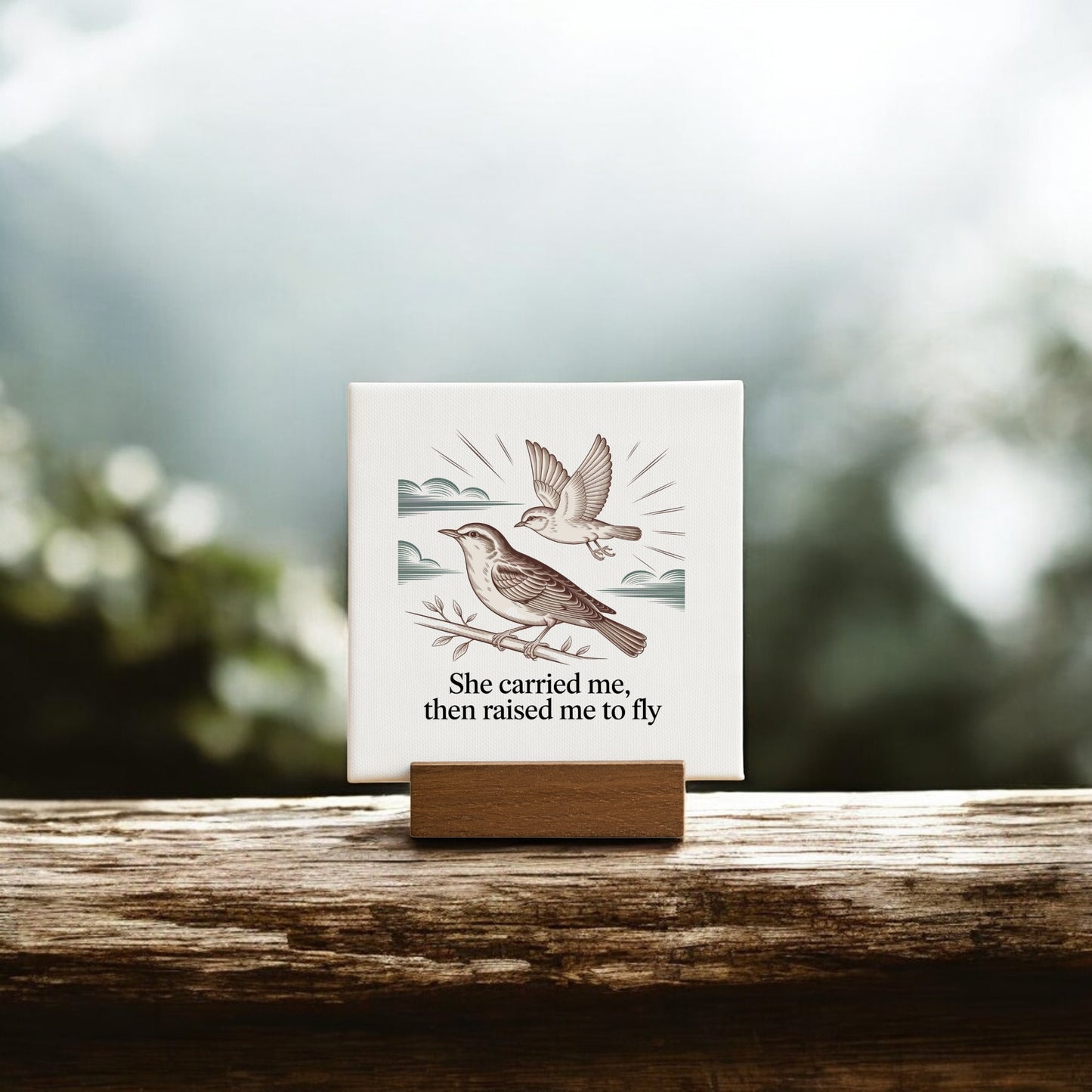 The Raised Me to Fly Mini Sign – Mother's Day Bird Canvas by Mirabilia Boutique features two birds and the words, "She carried me, then raised me to fly," making it a heartfelt Mother’s Day gift on a wooden stand.