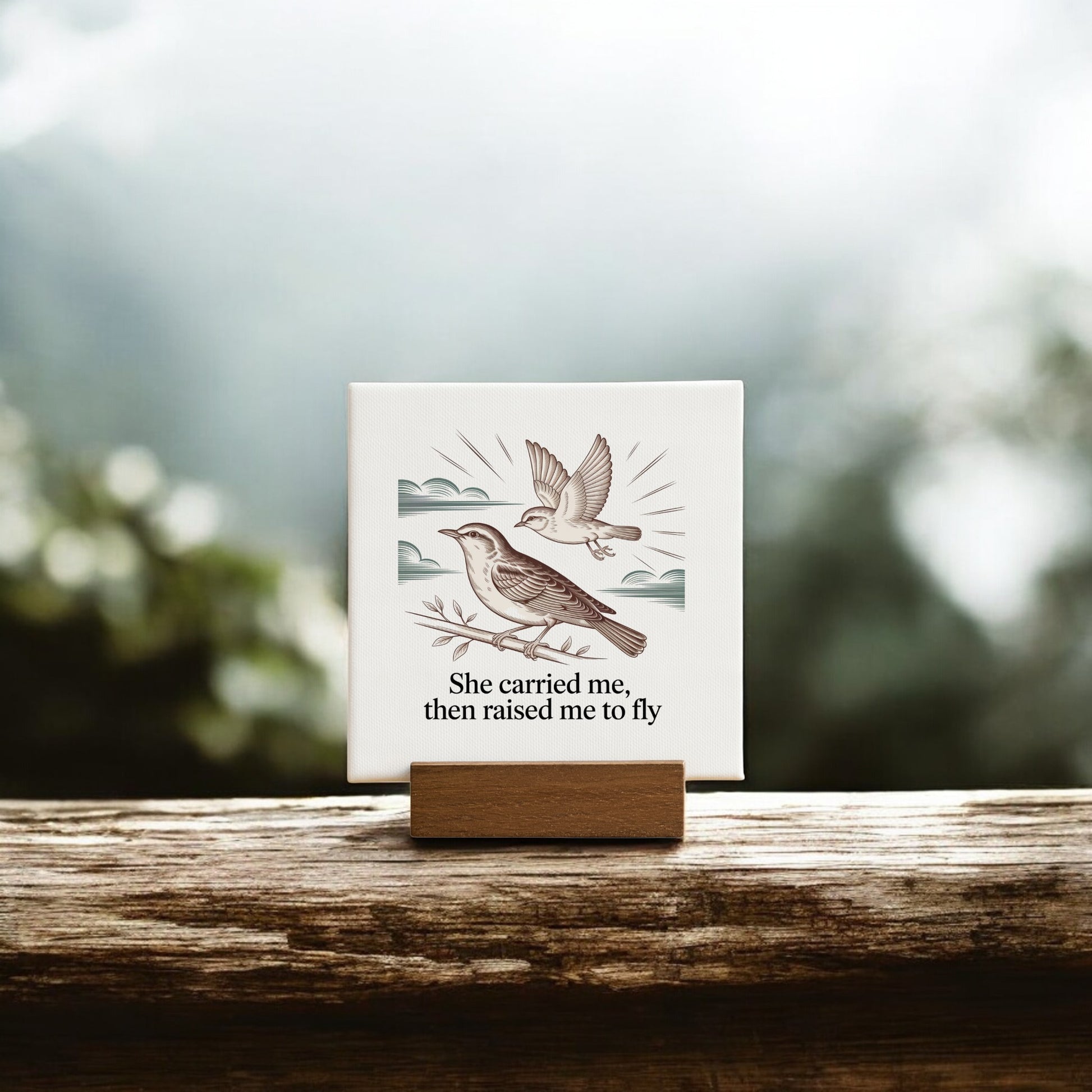 The Raised Me to Fly Mini Sign – Mother's Day Bird Canvas by Mirabilia Boutique features two birds and the words, "She carried me, then raised me to fly," making it a heartfelt Mother’s Day gift on a wooden stand.