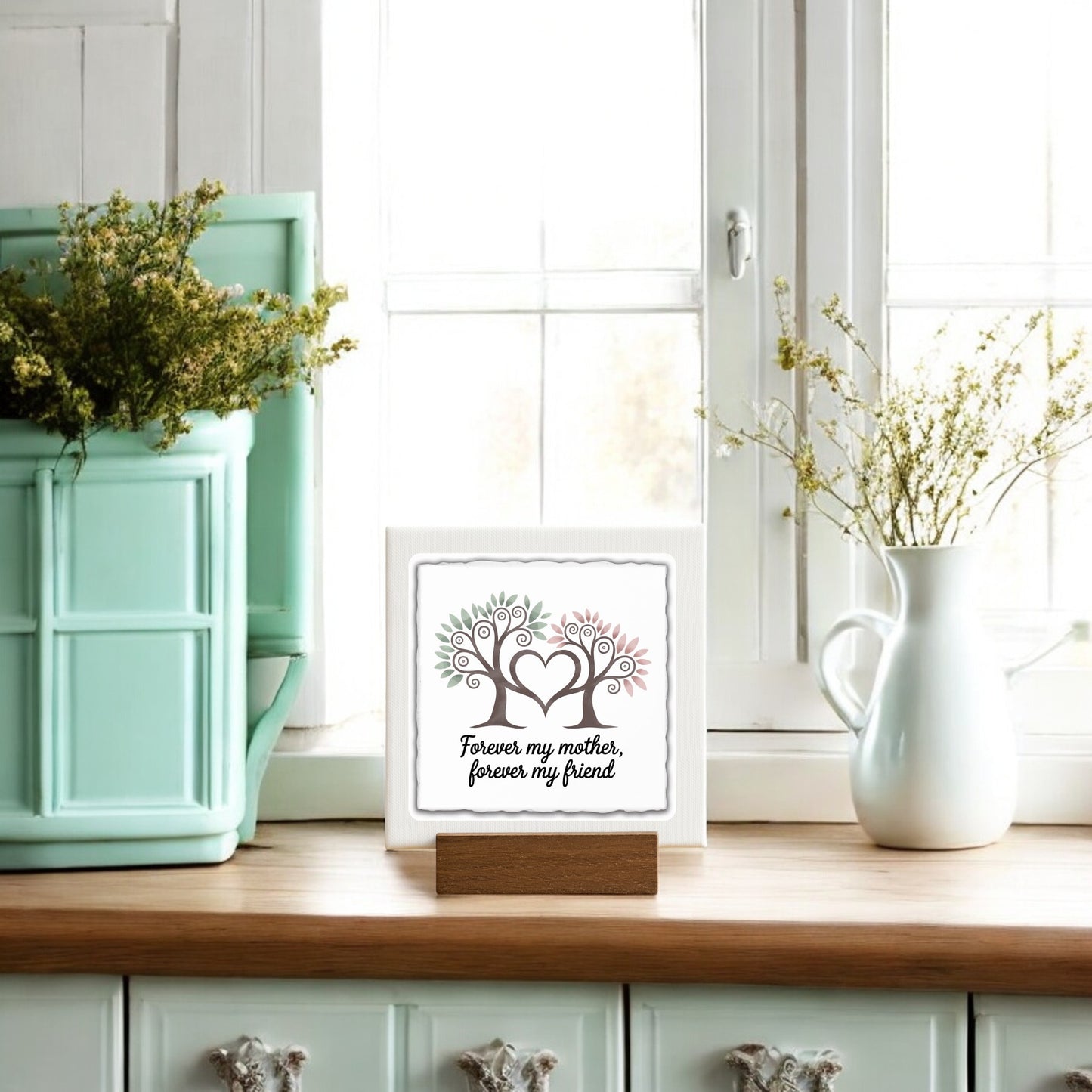 The Mirabilia Boutique Forever My Mother Mini Sign is a handcrafted Mother’s Day gift or mother daughter keepsake, displayed on a wooden stand with the heartfelt message, "Forever my mother, forever my friend.