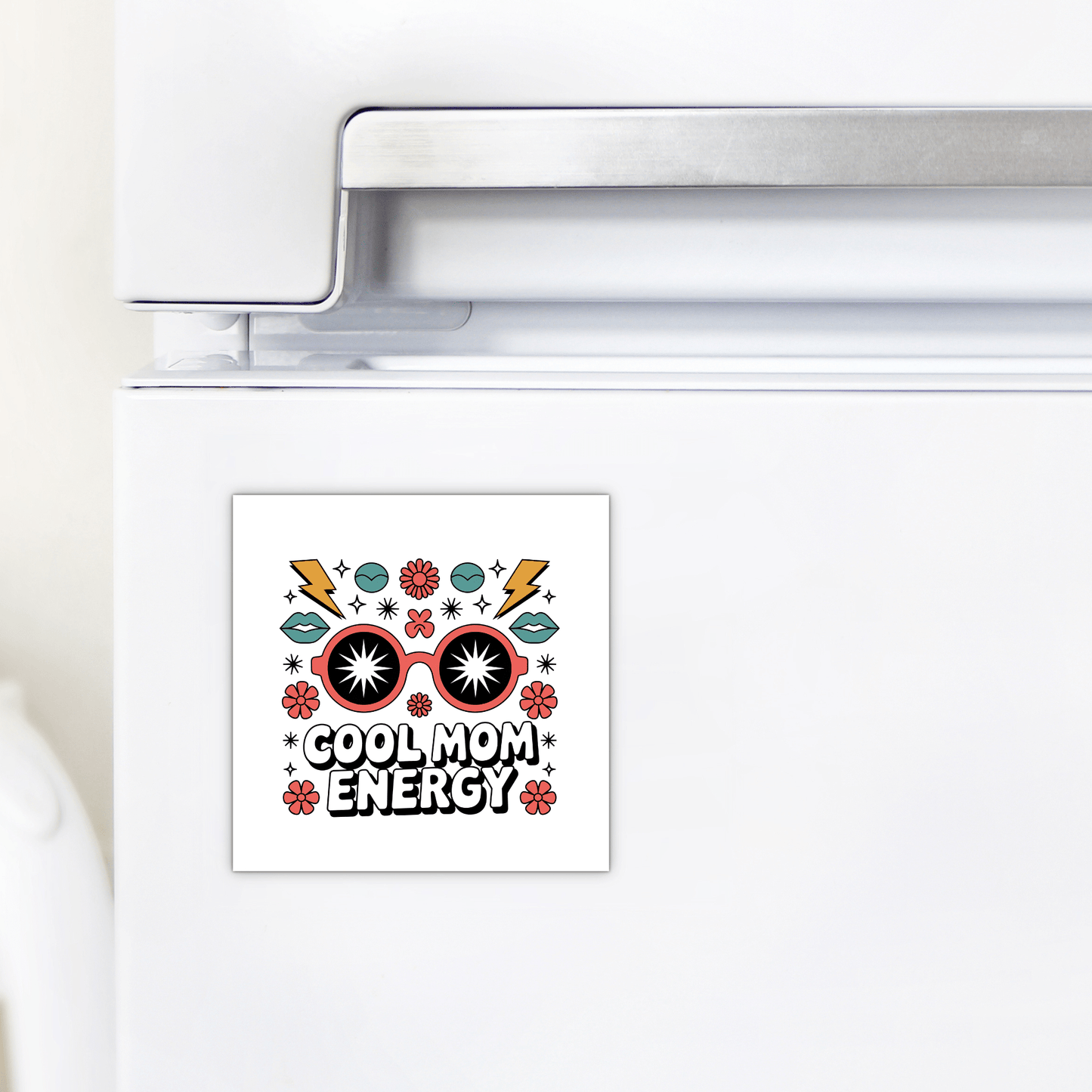 The Mirabilia Boutique Cool Mom Energy Magnet – Bold Retro Mother’s Day Gift features “COOL MOM ENERGY” with sunglasses, lightning bolts, flowers, and stars—a perfect eye-catching gift for moms.