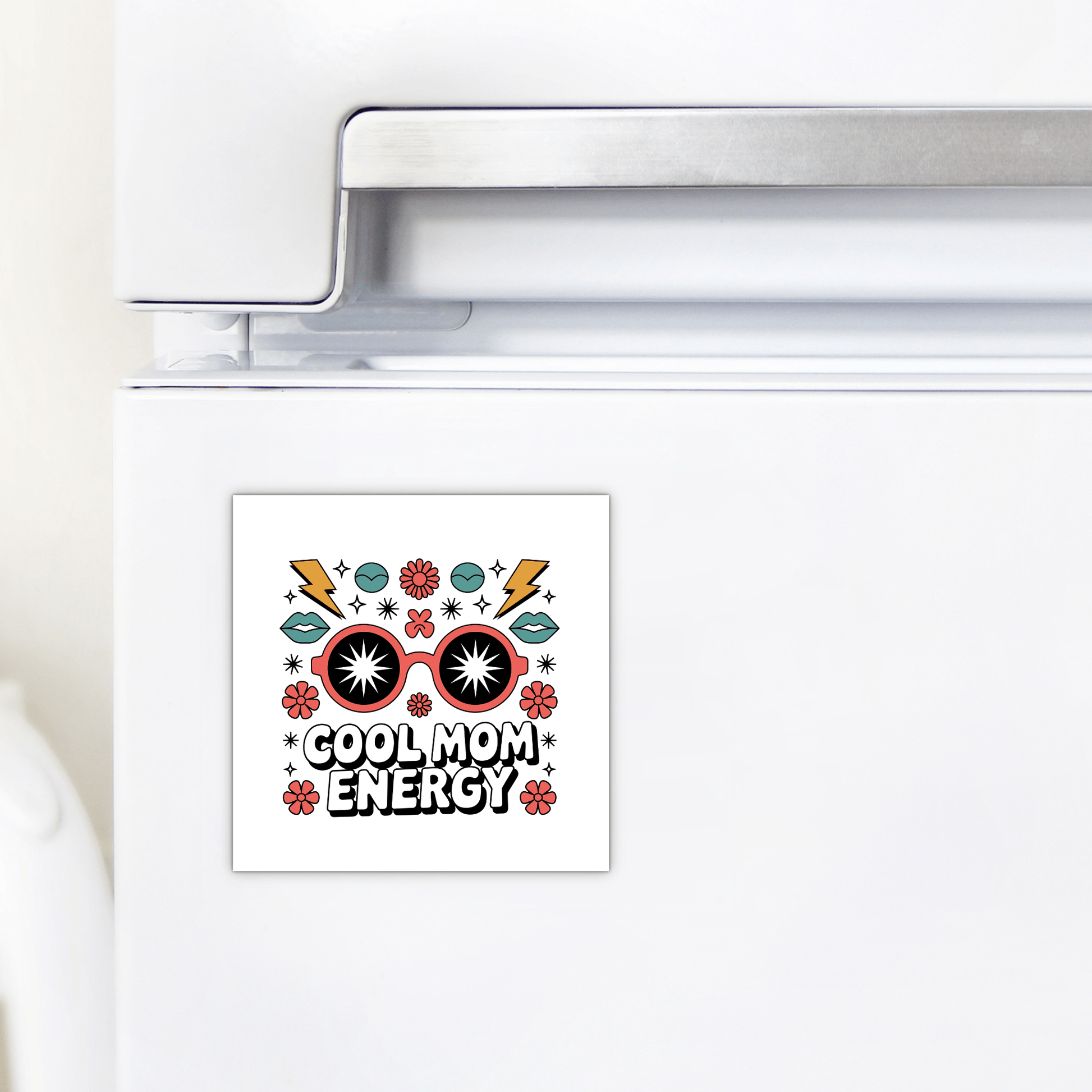 The Mirabilia Boutique Cool Mom Energy Magnet – Bold Retro Mother’s Day Gift features “COOL MOM ENERGY” with sunglasses, lightning bolts, flowers, and stars—a perfect eye-catching gift for moms.