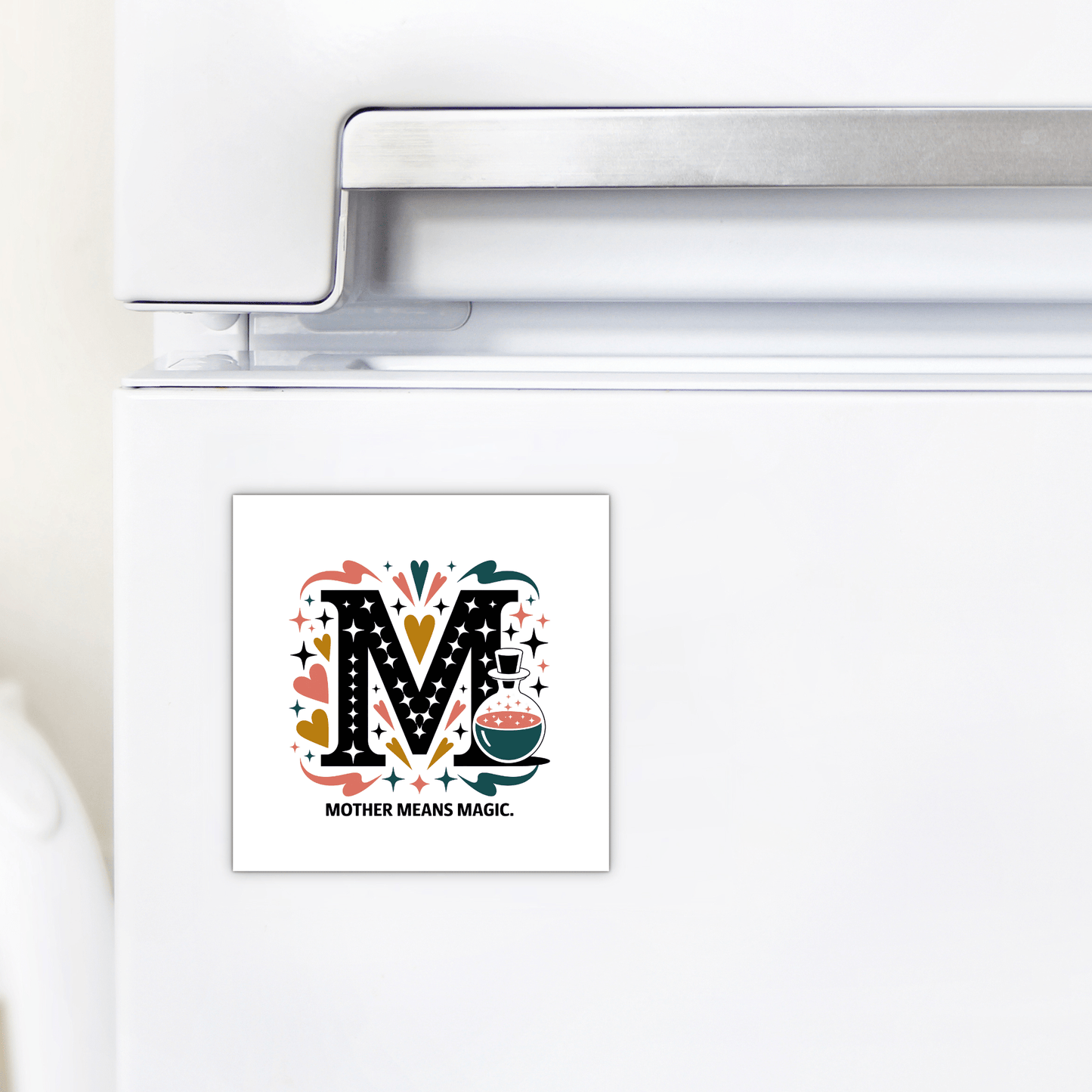 The Mother Means Magic Magnet by Mirabilia Boutique features a whimsical "M" with stars, hearts, and potions—making it a charming Mother’s Day gift for magical moms.