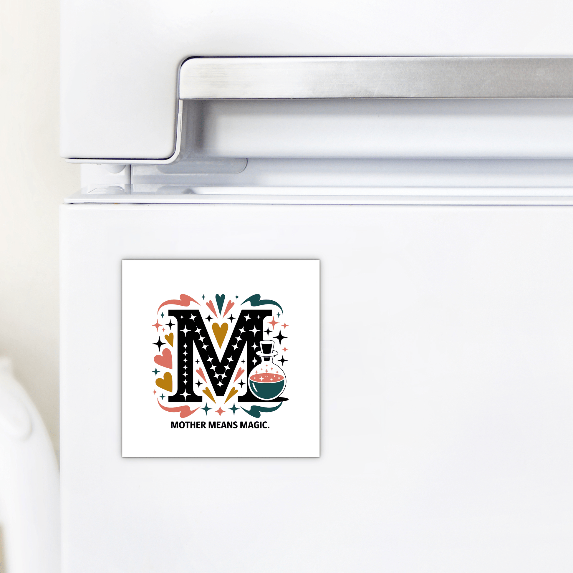 The Mother Means Magic Magnet by Mirabilia Boutique features a whimsical "M" with stars, hearts, and potions—making it a charming Mother’s Day gift for magical moms.