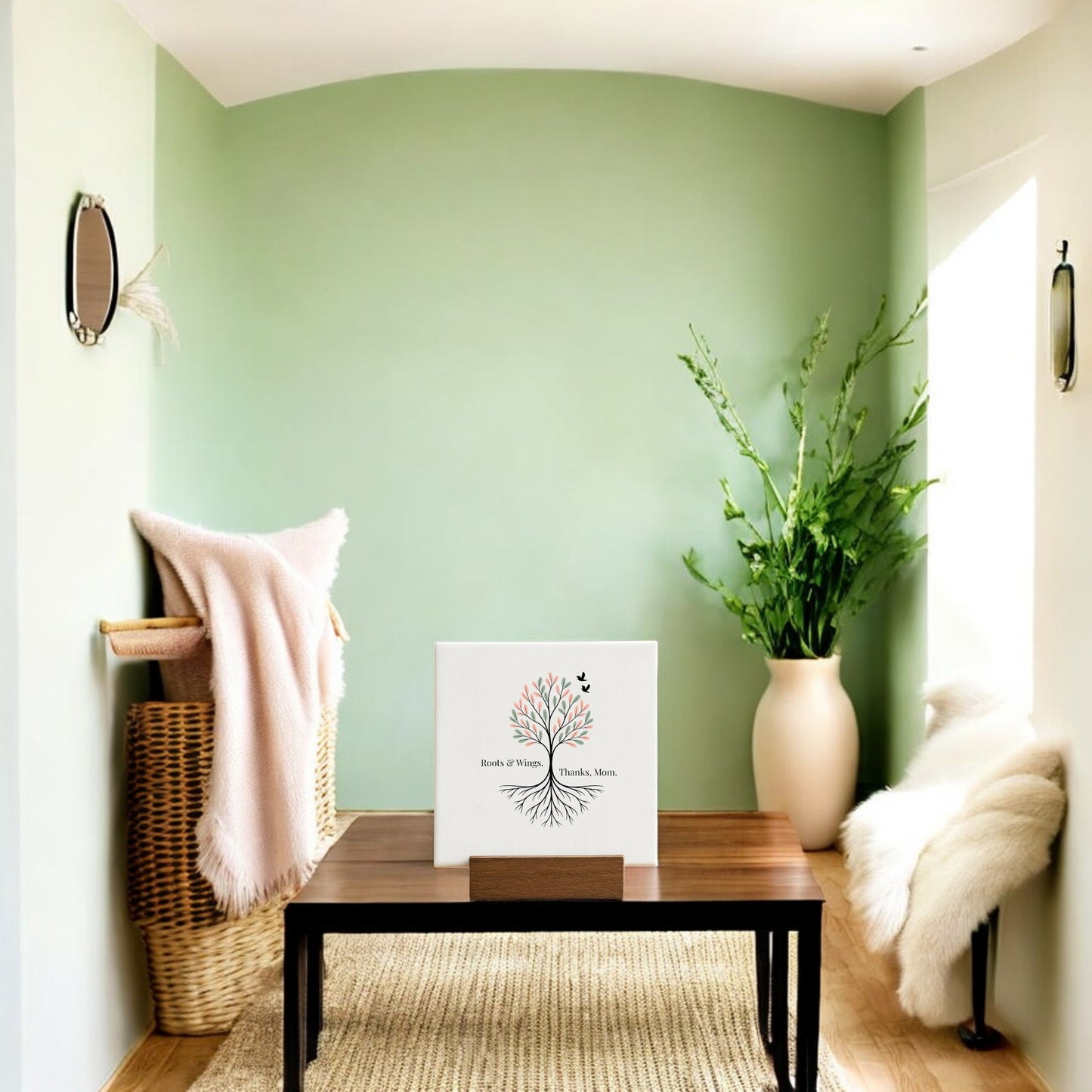 A minimalist room with pale green walls, a wooden bench, and a basket with a pink blanket features Mirabilia Boutique’s Roots & Wings Mini Sign – Mother's Day Tree Canvas—a thoughtful Mother’s Day gift. Light streams in from the left.
