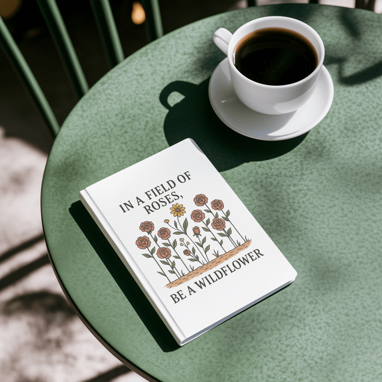 The "Be a Wildflower Journal" by Mirabilia Boutique, a motivational hardcover notebook with floral art and an inspiring quote, sits on a green table beside black coffee—making it a unique gift for any occasion.