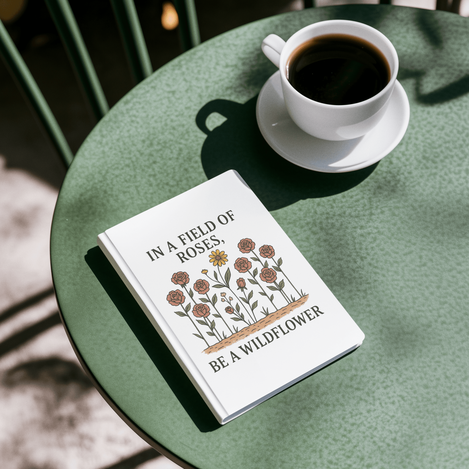The "Be a Wildflower Journal" by Mirabilia Boutique, a motivational hardcover notebook with floral art and an inspiring quote, sits on a green table beside black coffee—making it a unique gift for any occasion.