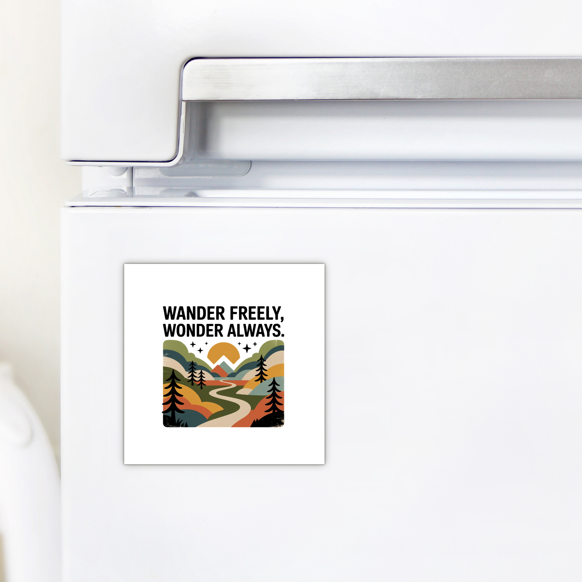 The Mirabilia Boutique Wander Freely Wonder Always Adventure Magnet features a stylized landscape with trees, mountains, path, and stars plus the inspiring text. A perfect outdoor-themed gift for nature lovers!.