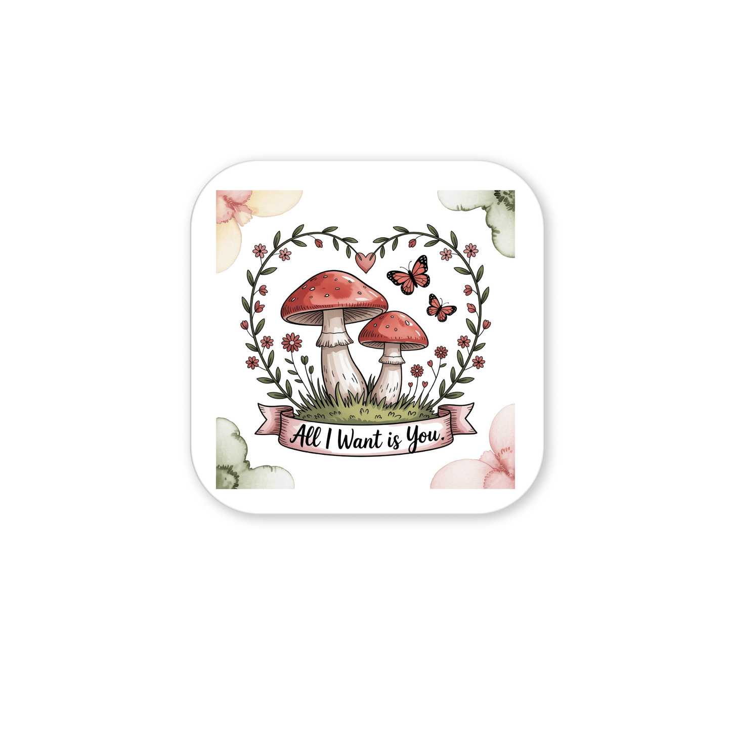 The Mushroom Love Magnet by Mirabilia Boutique features two red mushrooms with white stems inside a floral heart wreath, butterflies, and a pink banner reading "All I want is you"—a perfect cottagecore fridge decor and nature lover gift.