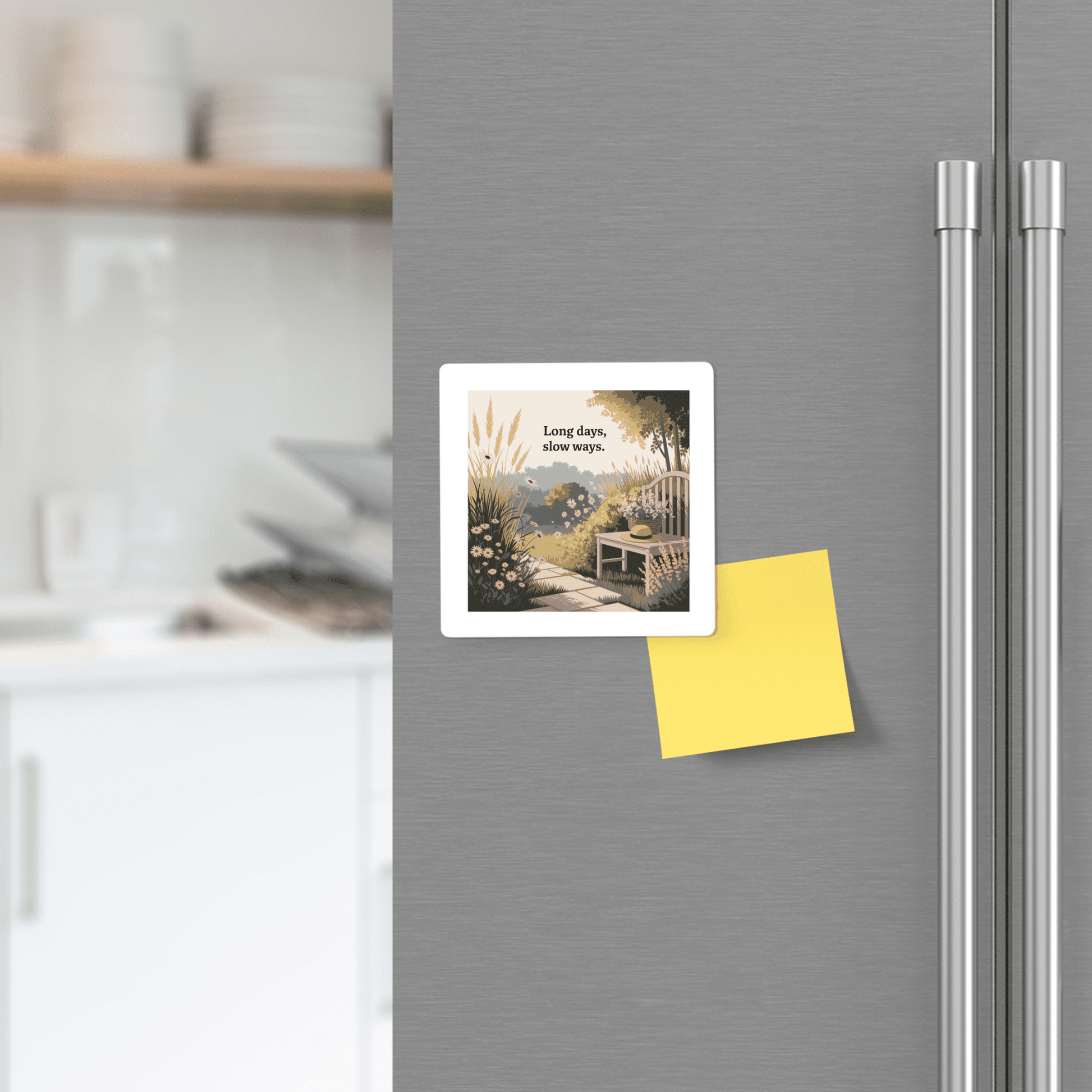 A refrigerator door displays the Mirabilia Boutique "Long Days, Slow Ways Magnet – Peaceful Summer Garden Quote" beside a blank yellow sticky note. The bright kitchen's decor and uplifting magnet make it a perfect mindfulness gift.