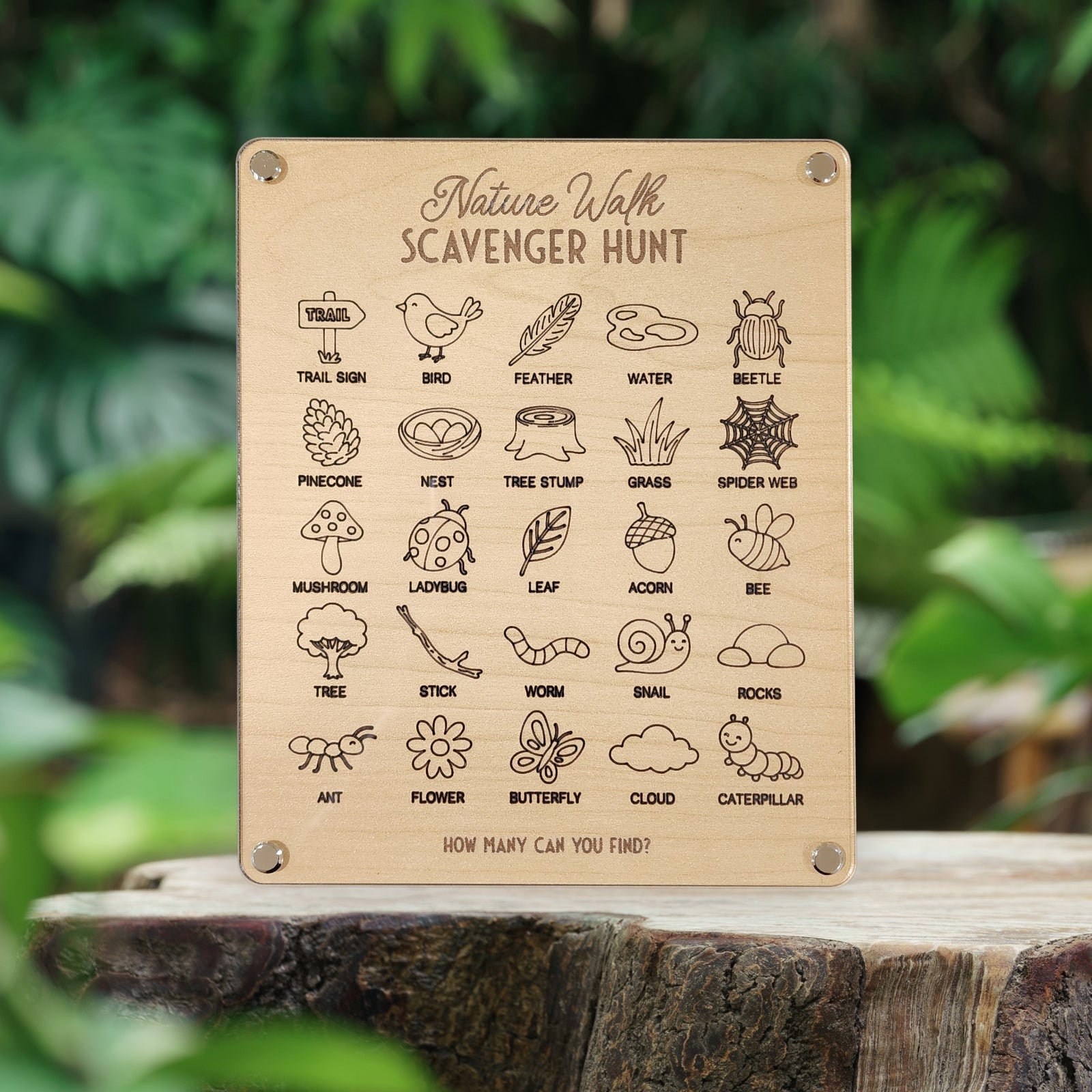 The Mirabilia Boutique Nature Walk Scavenger Hunt is a reusable dry erase board for kids, featuring 20 line-drawn nature items like trail signs, birds, feathers, and butterflies on a leafy background—ideal for outdoor adventures.