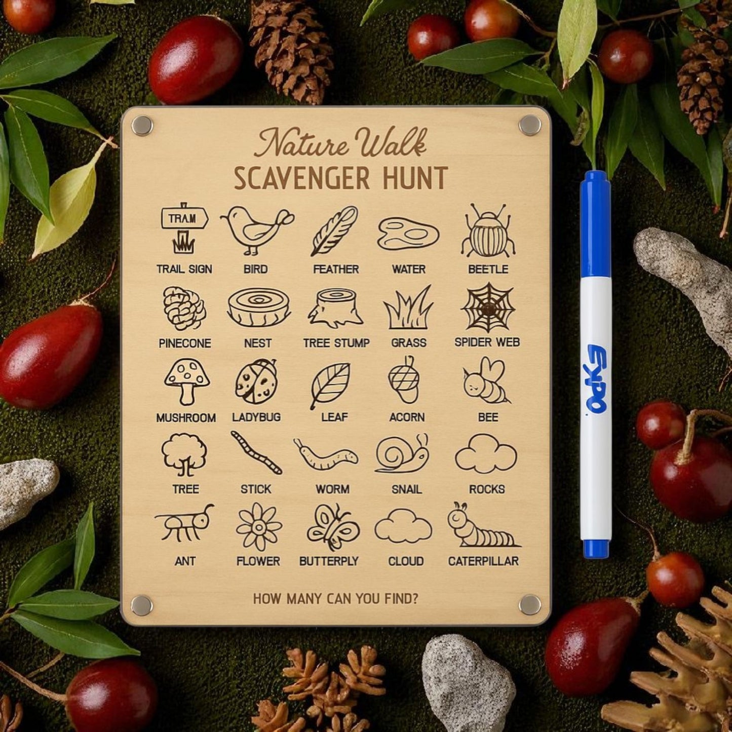 Mirabilia Boutique’s Nature Walk Scavenger Hunt is a reusable dry erase board for kids featuring 25 nature-themed icons like birds, trees, and mushrooms. Includes a blue marker—perfect for outdoor adventures!.