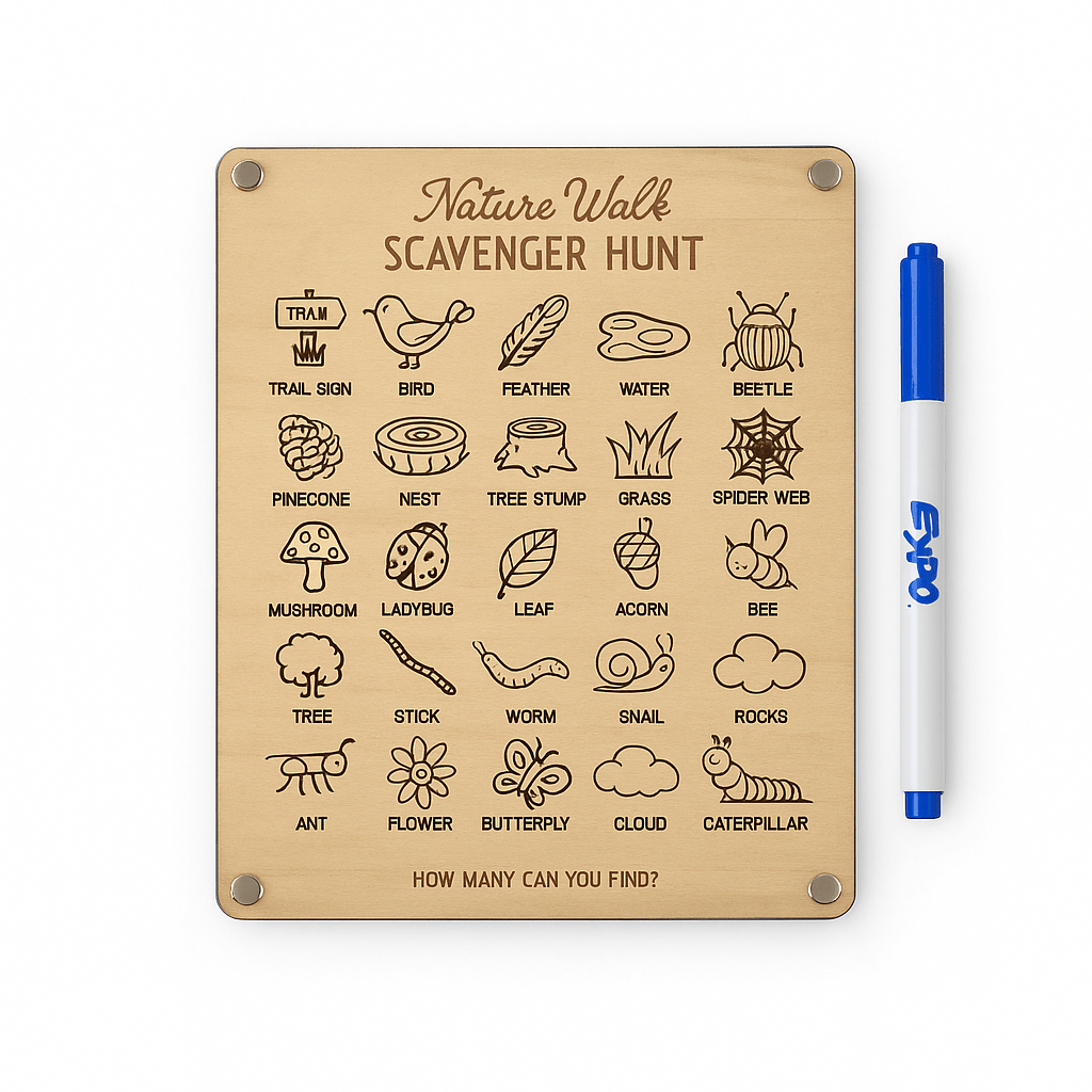 The Mirabilia Boutique Nature Walk Scavenger Hunt is a reusable dry erase board for kids featuring 24 illustrated nature items, plus a blue Expo marker conveniently attached on the right side for easy marking and wiping.