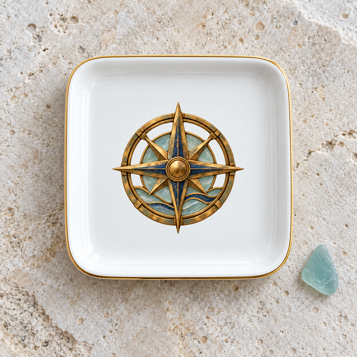 Sea Glass Compass Jewelry Tray | Salt & Story square white ceramic tray with a gold rim and a compass rose emblem featuring blue and sea-glass-colored accents, resting on a stone surface next to a piece of sea glass.