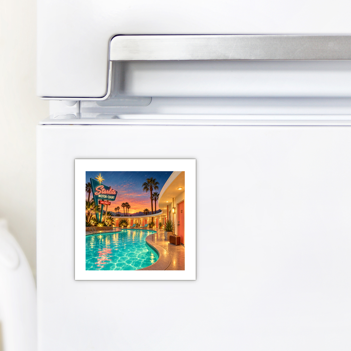 A refrigerator displays the Arrival at the Starlite Magnet | Chrome & Starlight by Mirabilia Boutique, featuring a vibrant retro hotel pool scene with palm trees and neon lights.