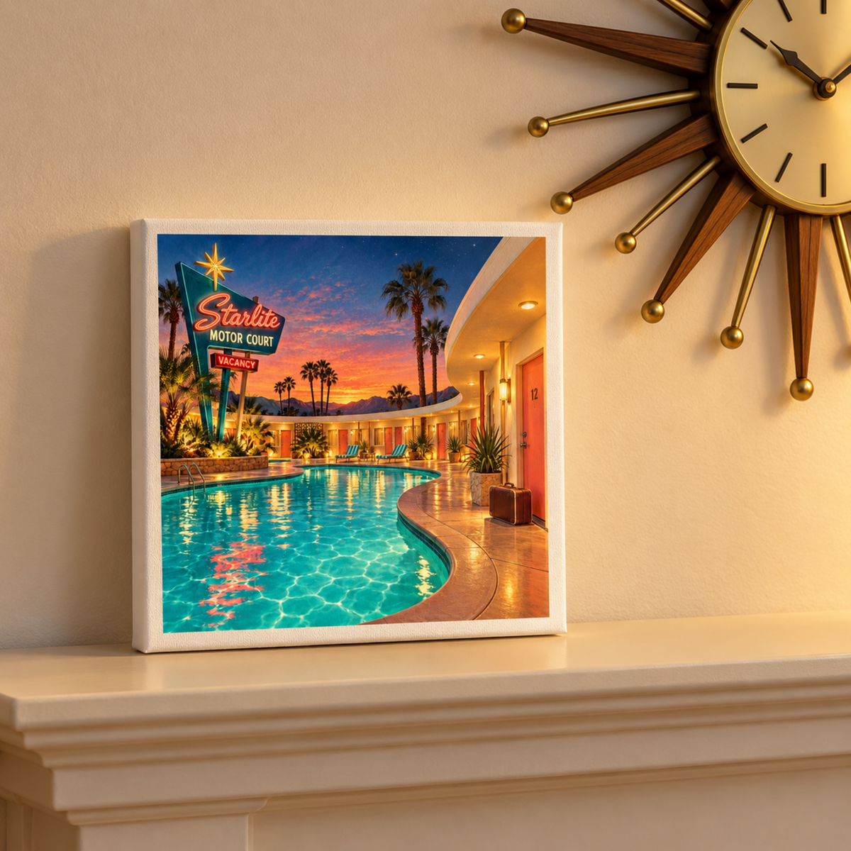 Arrival at the Starlite Canvas | Chrome & Starlight by Mirabilia Boutique, showcasing a retro pool scene with palm trees and neon signage, adds vintage sunset vibes beneath a sunburst clock.