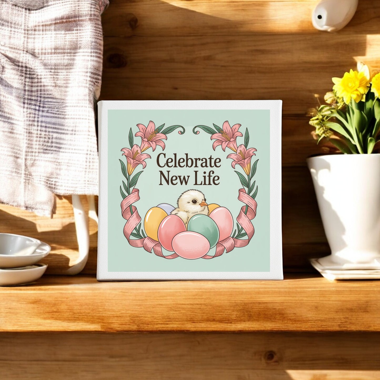 The Mirabilia Boutique "Celebrate New Life Spring Chick" Canvas Art sits on a wooden shelf, featuring a chick amid colorful eggs and flowers. Paired with stacked dishes, a striped towel, and yellow blooms, it makes a cheerful Easter display.