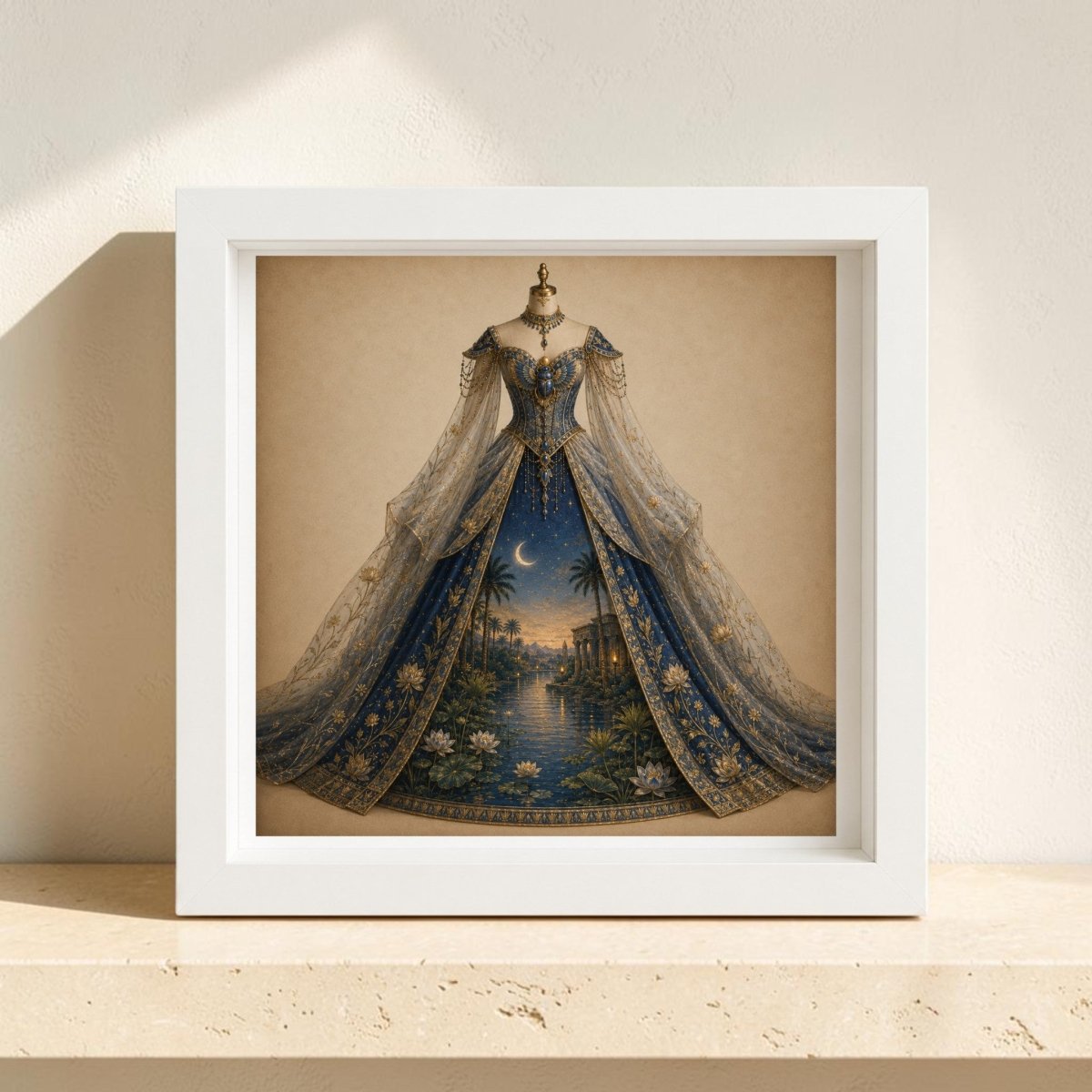 Night Upon the Nile | Curated Couture Artwork by Mirabilia Boutique showcases a framed couture depiction of an ornate gown displayed on a dress form, adorned with lapis blue and gold fabric featuring an intricate landscape, crescent moon, and elaborate patterns. The piece is elegantly presented on a beige shelf against a textured cream wall.
