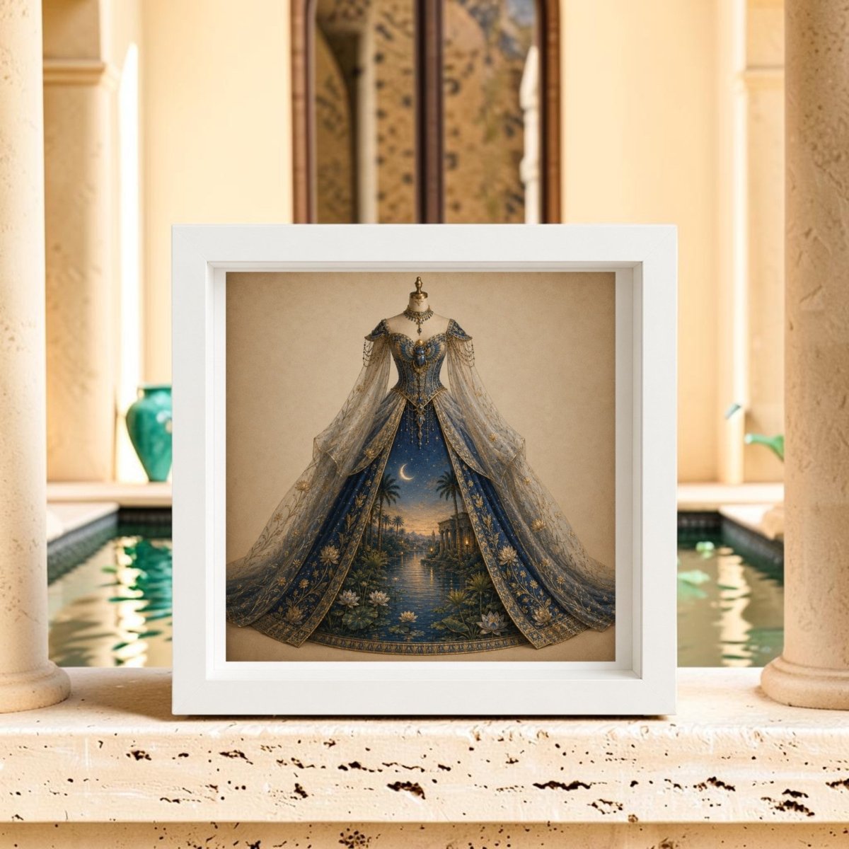 Displayed in front of a pool with Mediterranean-style columns and arches, “Night Upon the Nile | Curated Couture Artwork” by Mirabilia Boutique showcases a framed couture art piece featuring an ornate blue and gold ballgown.