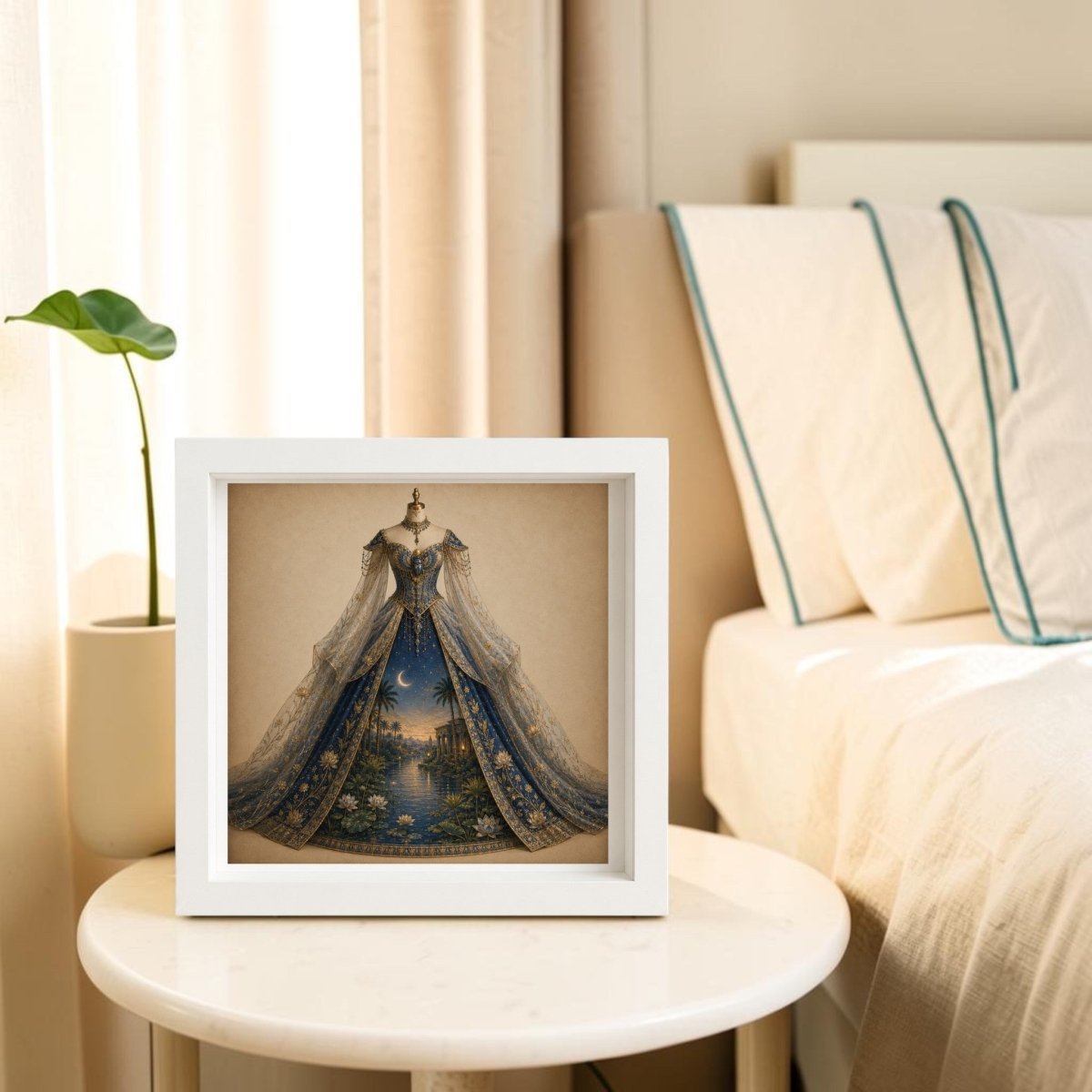 The Night Upon the Nile | Curated Couture Artwork by Mirabilia Boutique, a framed couture art piece depicting an ornate blue and gold gown with a long, intricate train, is displayed on a round white bedside table beside a plant, with a neatly made bed in the background.