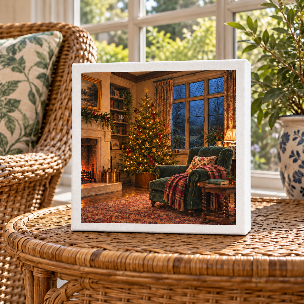 The While the House Sleeps Canvas by Mirabilia Boutique depicts an English sitting room featuring a lit Christmas tree, a fireplace, and an armchair beside a woven wicker table.