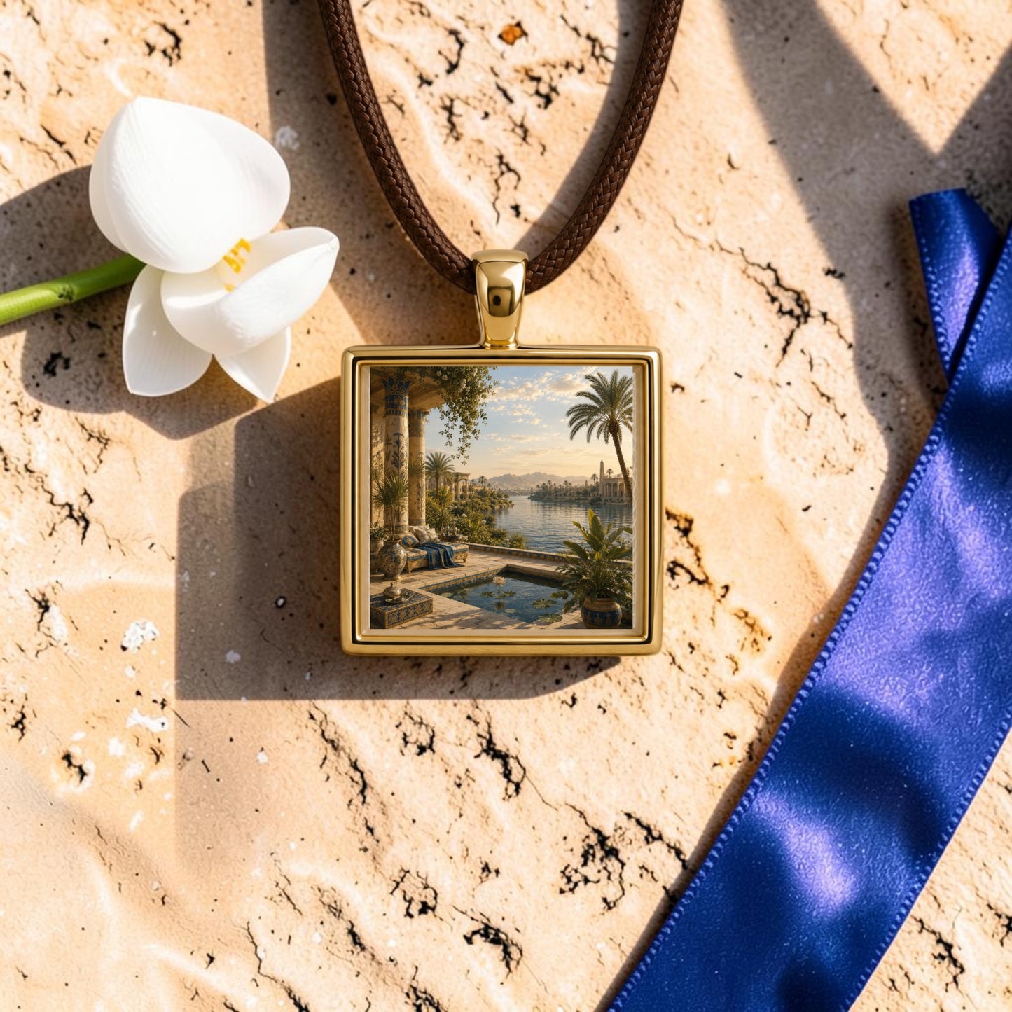The View of the Nile | Scene Pendant Necklace by Mirabilia Boutique, featuring a scenic landscape painting, rests on textured sand alongside a white flower and blue ribbon—capturing the allure of this miniature artwork necklace.