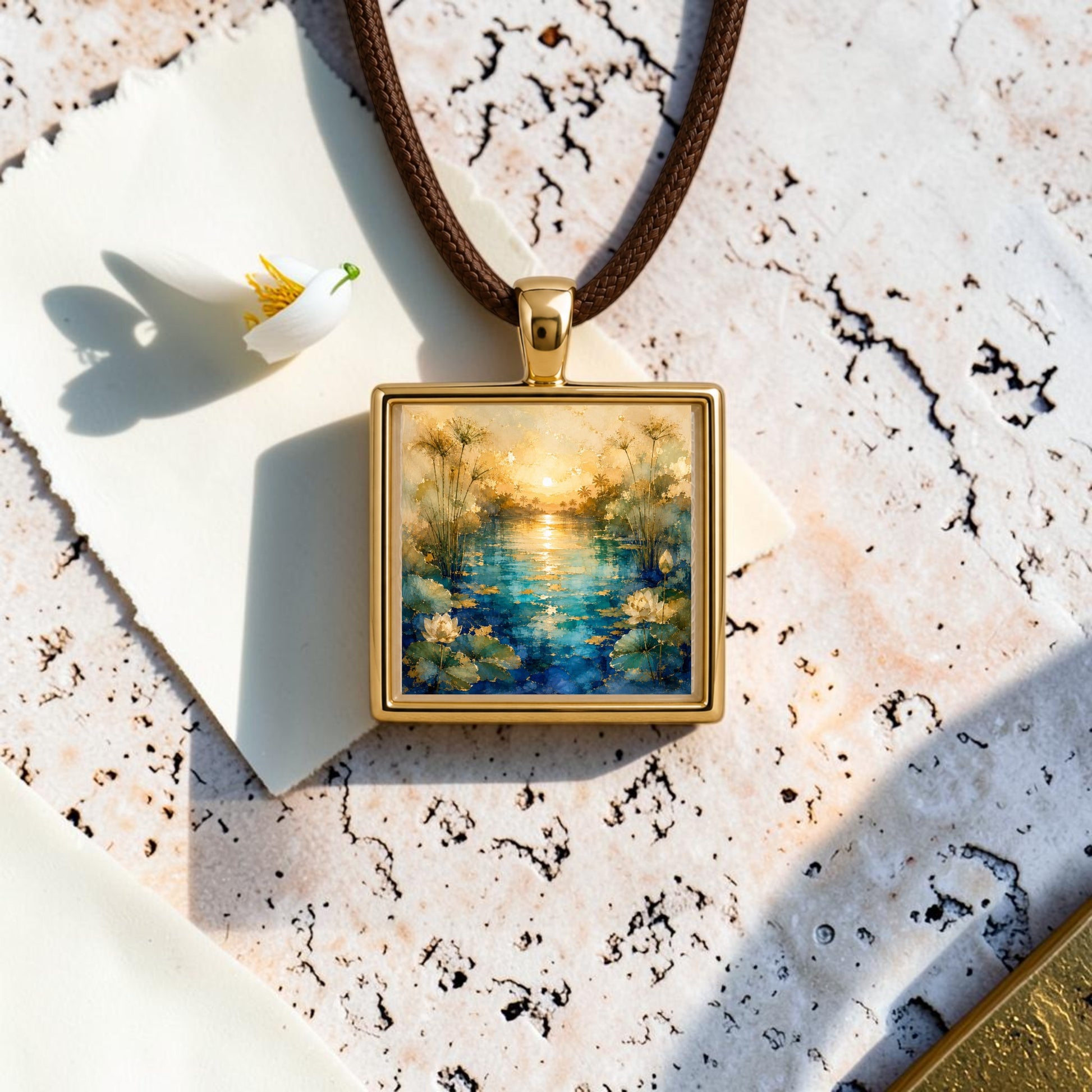 A gold square pendant from Mirabilia Boutique’s Lapis & Lotus collection, the Nile Light | Scene Pendant Necklace features a miniature painted landscape of a pond, flowers, and sunset. Hanging on a brown cord, it is displayed on textured stone beside a white flower and paper.