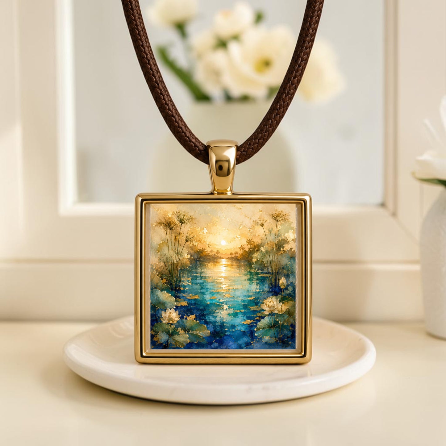 A square gold pendant from Mirabilia Boutique’s Lapis & Lotus collection features an illustrated sunset over a blue lily pond and hangs on a brown cord. This unique Nile Light | Scene Pendant Necklace is displayed on a white dish, with white flowers and a mirror softly blurred in the background.