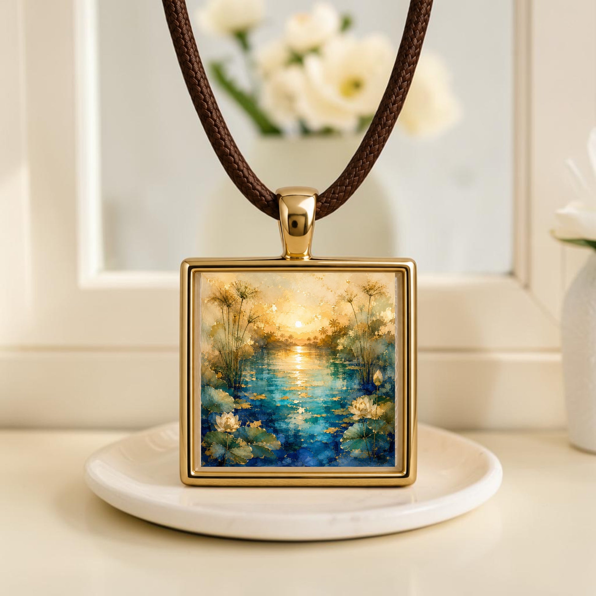 A square gold pendant from Mirabilia Boutique’s Lapis & Lotus collection features an illustrated sunset over a blue lily pond and hangs on a brown cord. This unique Nile Light | Scene Pendant Necklace is displayed on a white dish, with white flowers and a mirror softly blurred in the background.