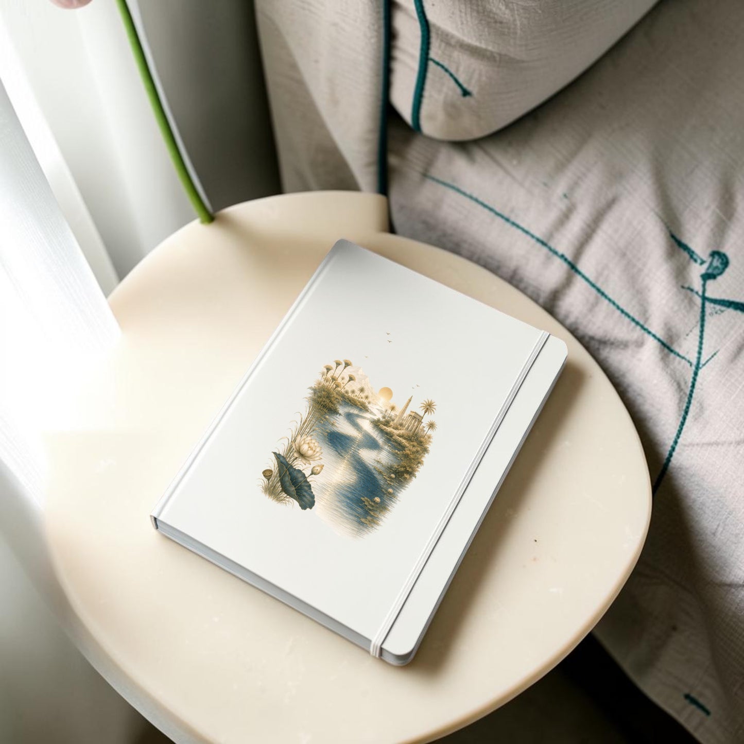 A Nile Path Journal | Ancient Egyptian Inspired Notebook by Mirabilia Boutique, featuring a white cover adorned with a scenic illustration of a river and trees that captures the tranquil spirit of the Nile Path, sits on a round beige table next to a bed draped with a patterned blanket.