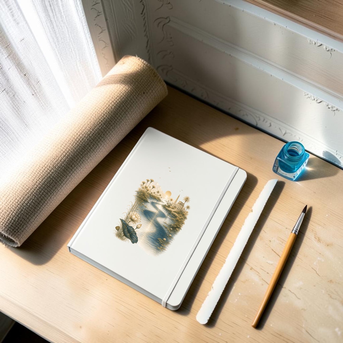 A Nile Path Journal by Mirabilia Boutique, featuring an Ancient Egyptian inspired cover, rests alongside a rolled yoga mat, a blue ink bottle, a letter opener, and a paintbrush on a light wooden desk bathed in sunlight near the window.