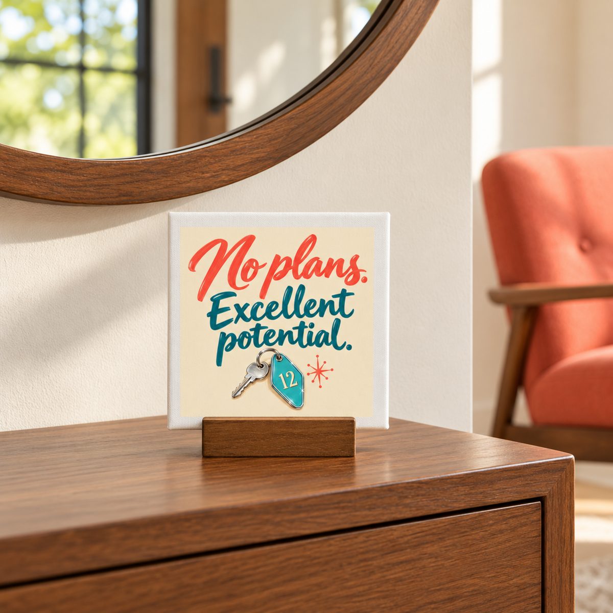 No Plans, Excellent Potential Mini Sign by Mirabilia Boutique, a small square motivational decor sign on a wooden base featuring the text “No plans. Excellent potential.” with illustrated key art of a vintage motel key chain.