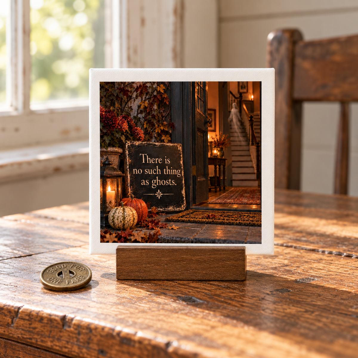 The There Is No Such Thing as Ghosts Mini Canvas Sign by Mirabilia Boutique sits on a wooden table with autumn decor, pumpkins, and a staircase in the background. A coin lies nearby.
