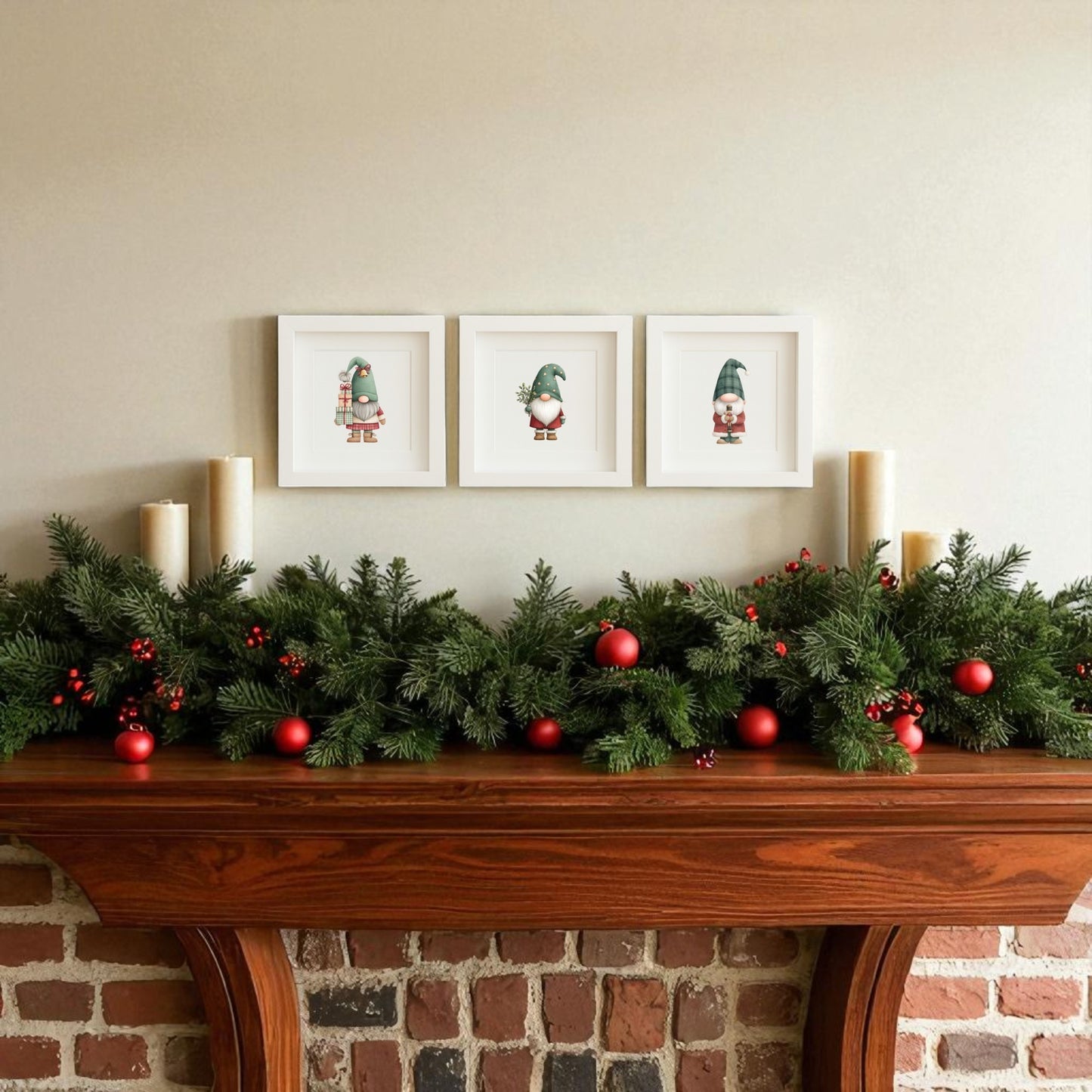 A fireplace mantel with evergreen garland, red ornaments, white candles, and the Mirabilia Boutique Scandinavian Gnome Art Trio | Framed Christmas Decor above adds a festive Scandinavian touch to the space.